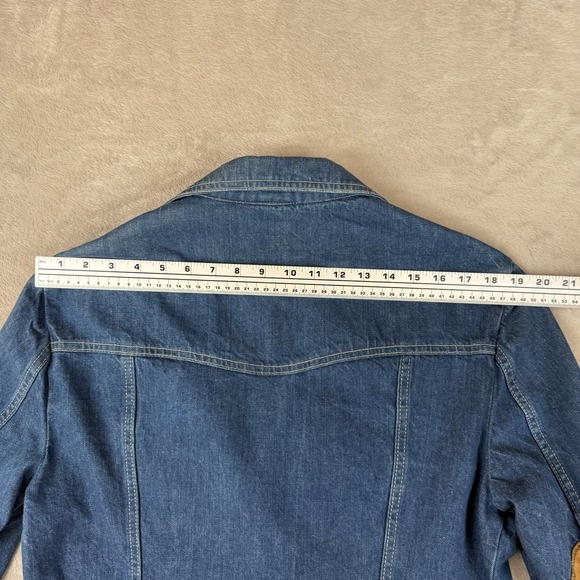 Outlooks Blue 70s Vtg Denim Jacket Womens Sz L Elbow Patches Tailored Buckle USA - Picture 13 of 13